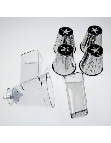 Kit complet 4 Cones en Inox à Raper / Trancher avec poussoir et support pour Robot Masterchef Gourmet Moulinex