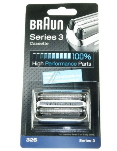 Cassette de Rasage : Grille + Couteaux KP32S Argent pour Rasoirs Electriques Séries 3 Braun